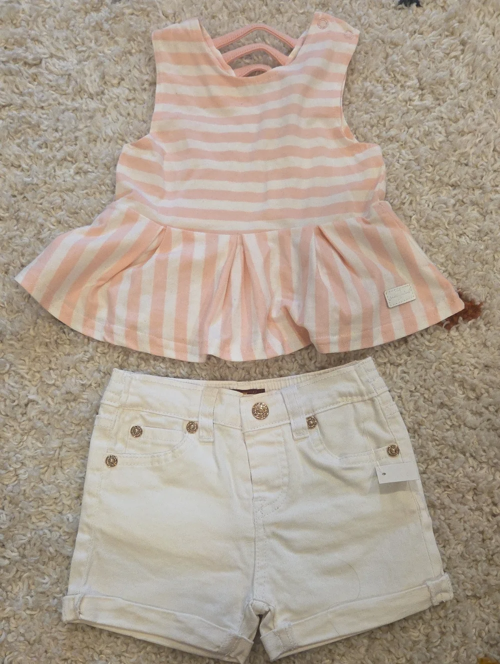 Pink Striped Peplum Tank & Cream Shorts Set - Kids